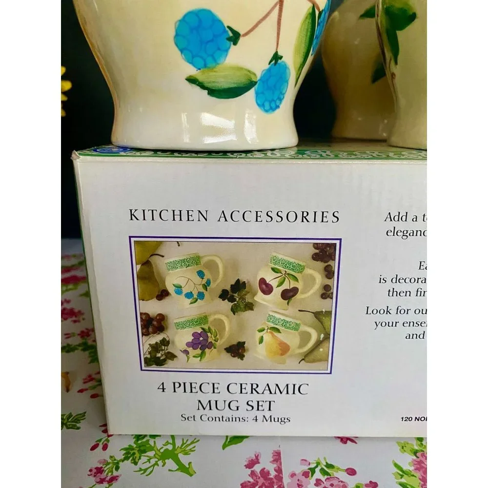 Alco Belaggio 4 mugs,‎ NEW, ceramic, mug set, 20 OZ, decorated w fruit/flowers